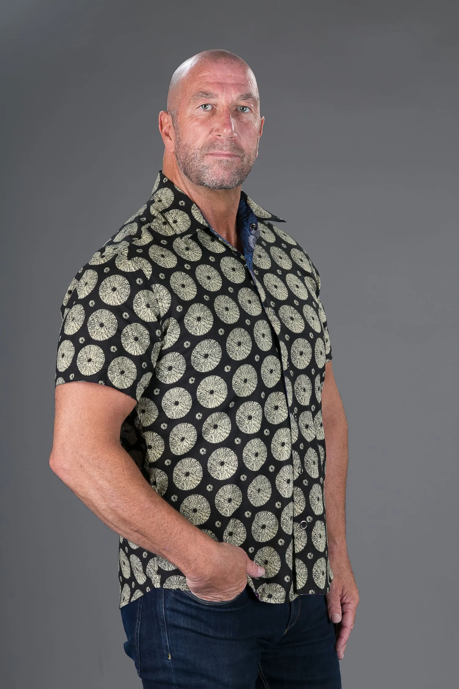 Reversible Peacock Black Print Cotton Slim Fit Mens Hawaiian Shirt Short Sleeve