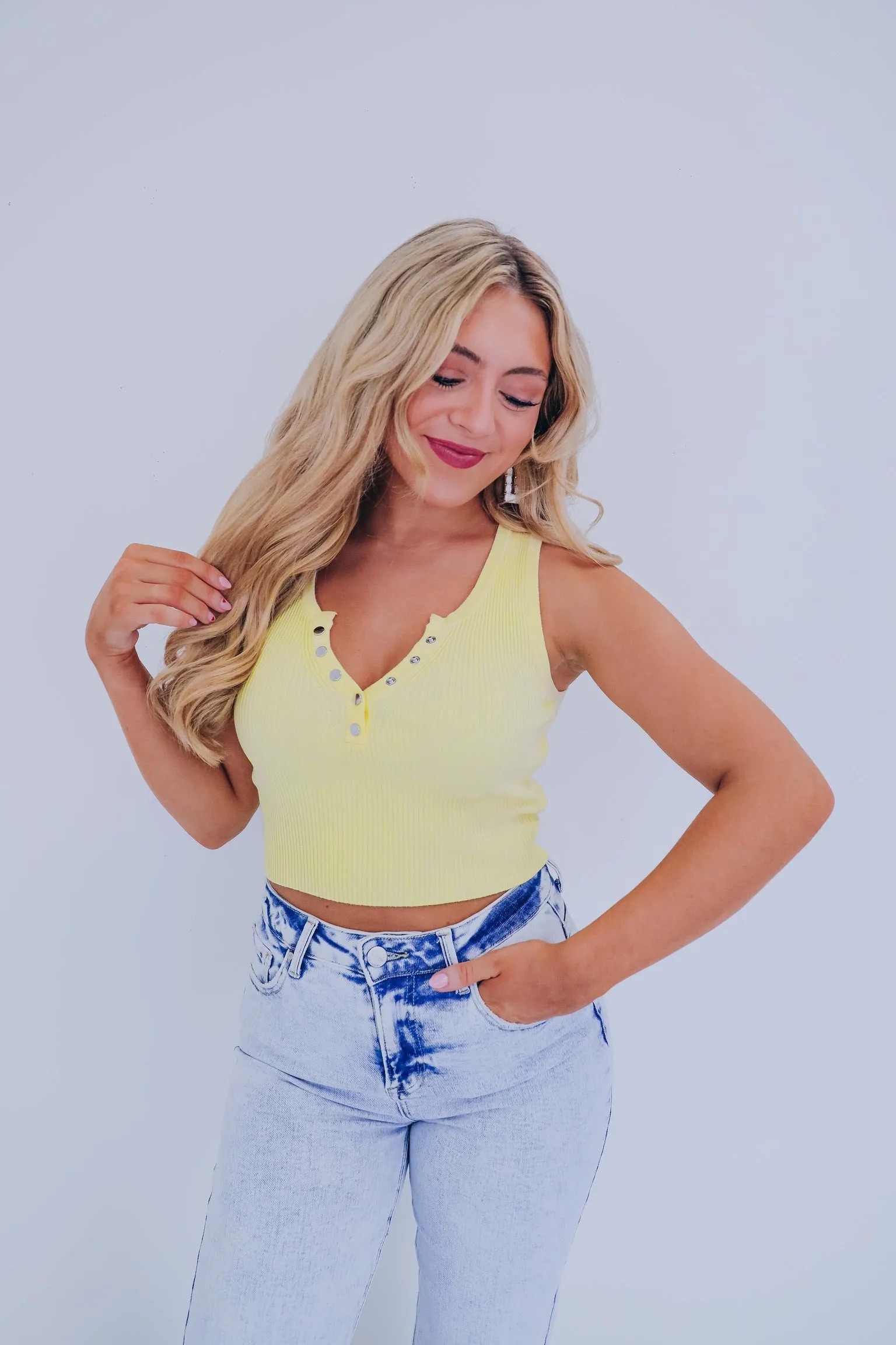 Trendy Button Front Cropped Tank - Yellow