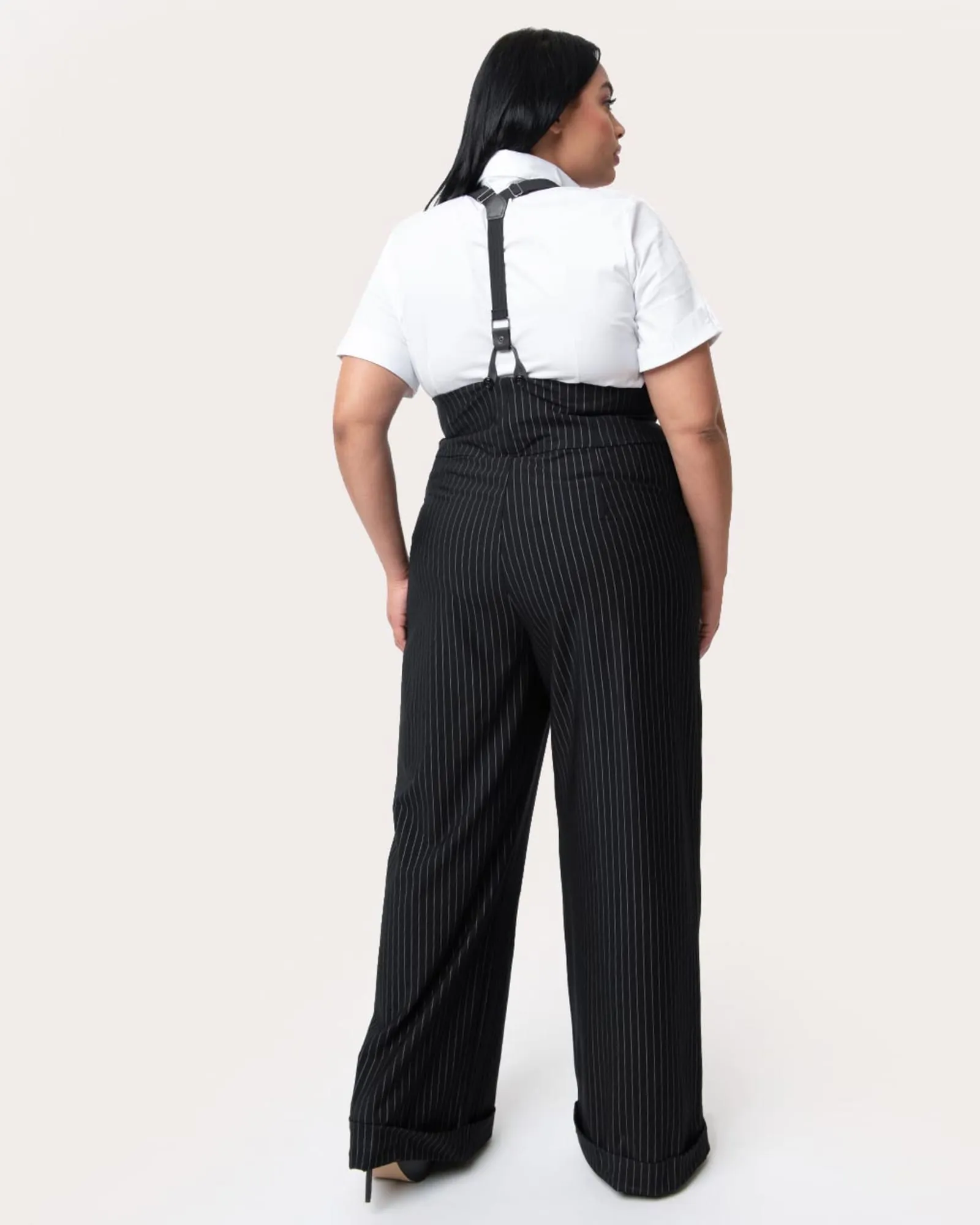 Unique Vintage Plus Size Black & White Pin Stripe Thelma Suspender Pants | Black & White Pin Stripe