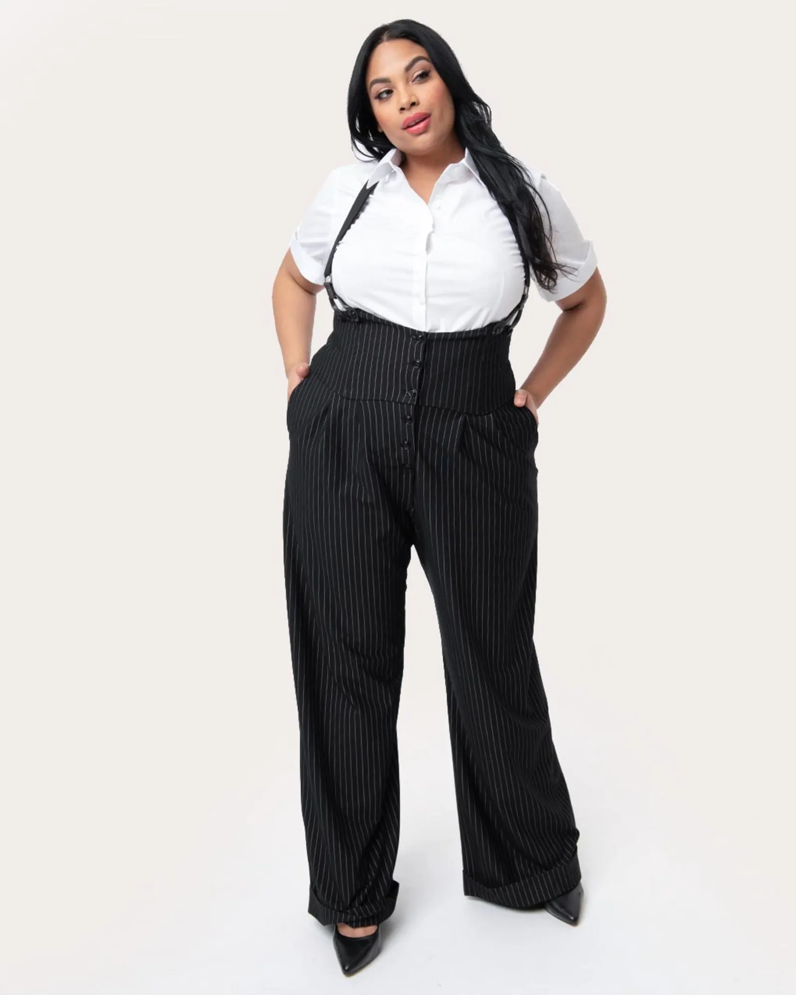 Unique Vintage Plus Size Black & White Pin Stripe Thelma Suspender Pants | Black & White Pin Stripe