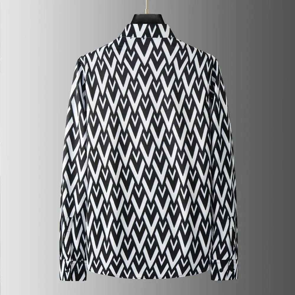 V Pattern Print Men's Shirt - Black and White Long Sleeve Smart Casual Slim Fit